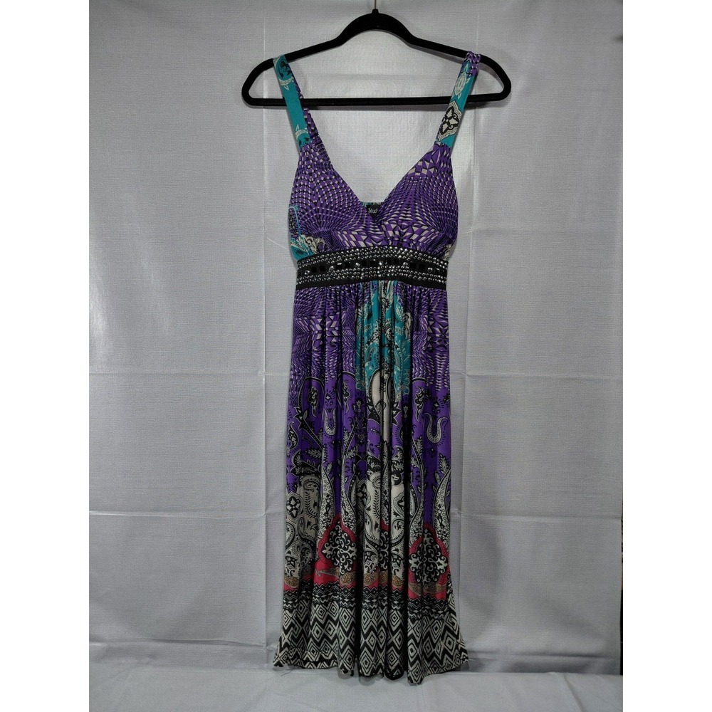Studio West‎ Babydoll Midi Dress Med Embellished Built in Bra Smocked Back